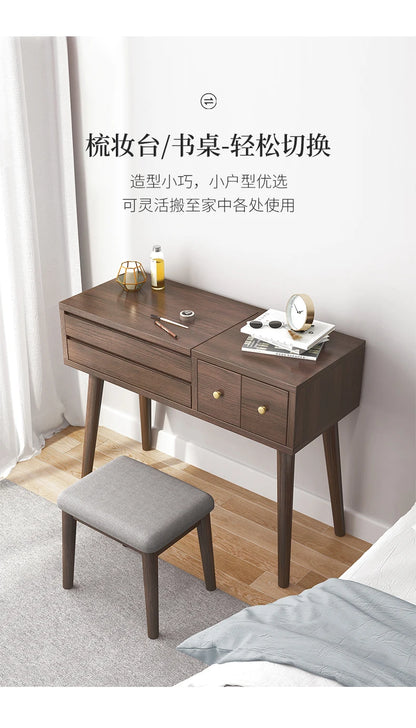 Qf Modern Minimalist Solid Wood Dresser Desk Integrated Mirror Foldable Makeup Table