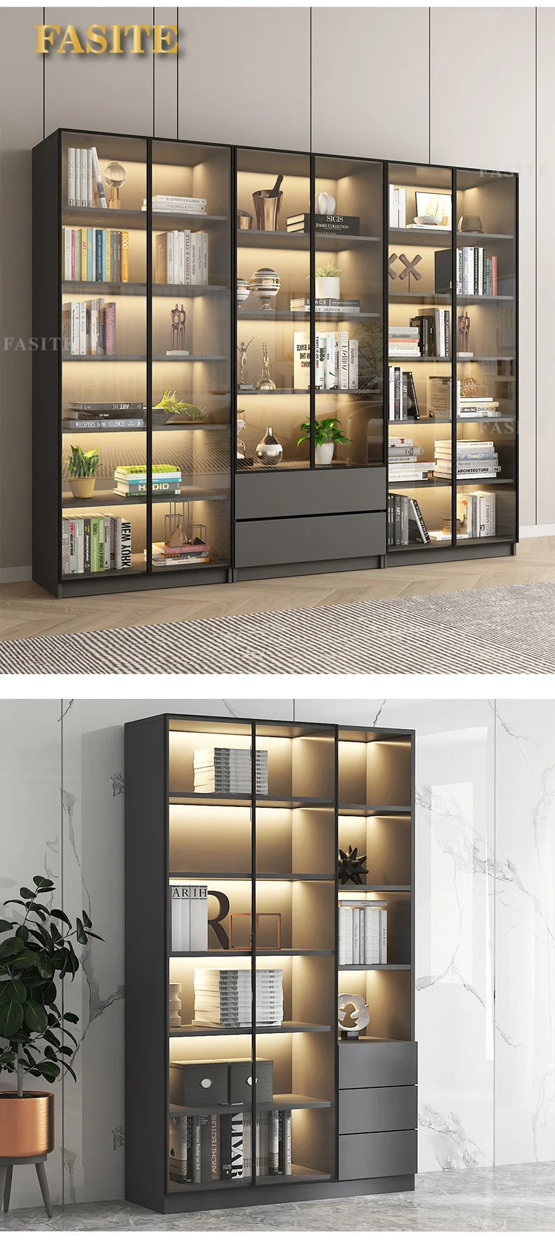 Glass door, light luxury bookcase, living room, floor to wall, dustproof bookcase, bookshelf