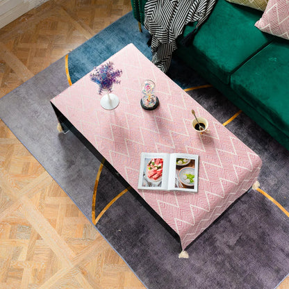 Cotton Linen Coffee Table Cloth,Coffee Table Cover with Tassels TV Cabinet Waterproof Rectangle Wavy Tablecloths