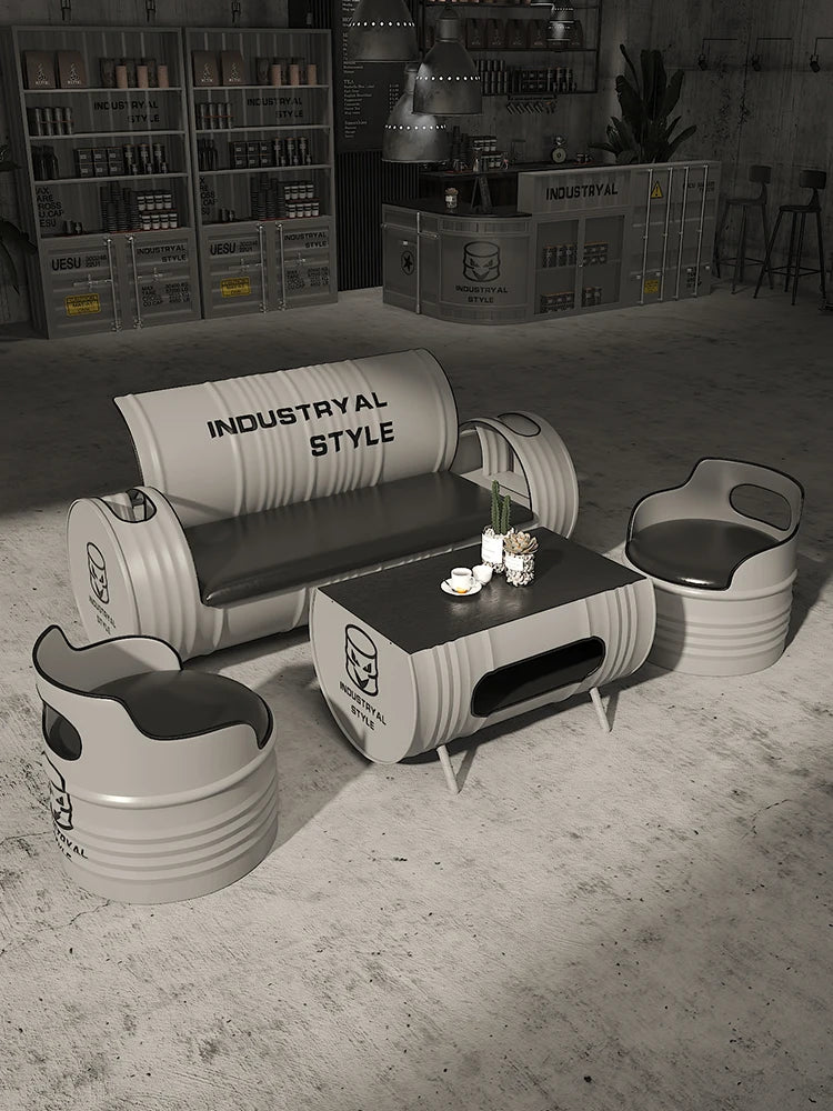 Deck Sofa KTV Casual Small Quiet Bar Retro Creative Oil Drum Iron Customization Industrial Style Bar Table and Chair Combination