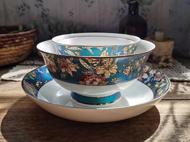 Bone china tableware Chinese style pastoral style 4.5 inch rice bowl flower bird embossed flower 8 inch plate 12 inch fish plate