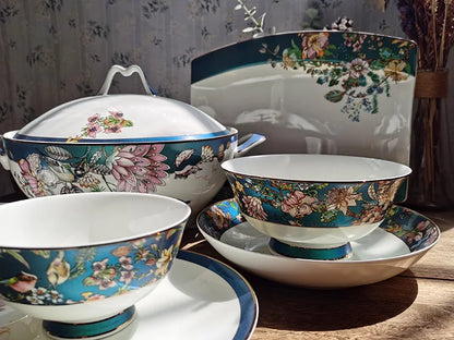 Bone china tableware Chinese style pastoral style 4.5 inch rice bowl flower bird embossed flower 8 inch plate 12 inch fish plate