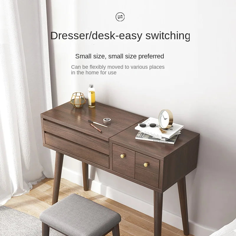 Qf Modern Minimalist Solid Wood Dresser Desk Integrated Mirror Foldable Makeup Table