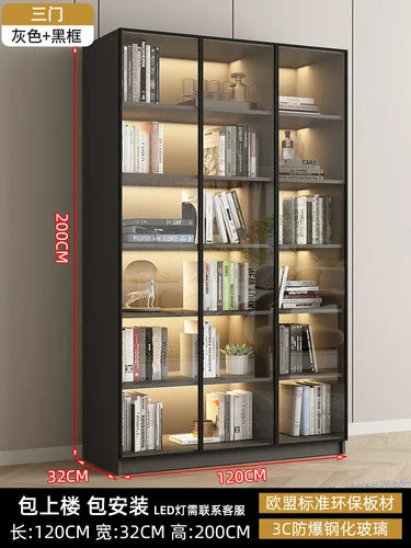 Glass door, light luxury bookcase, living room, floor to wall, dustproof bookcase, bookshelf