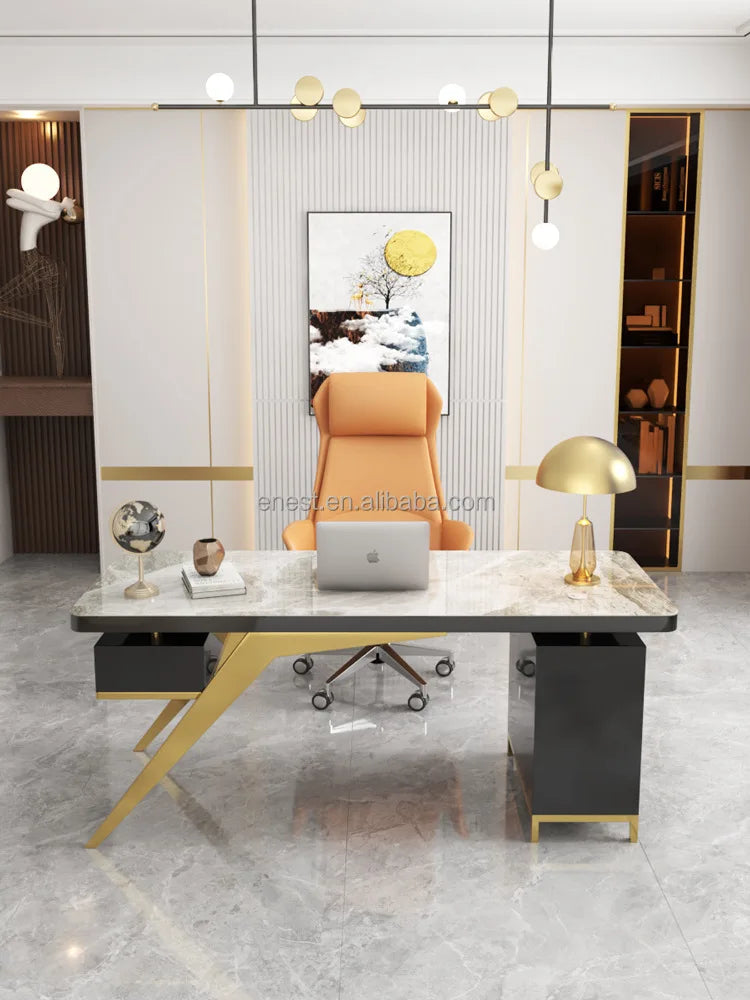 Modern Design Luxury Gold Stainless Steel Computer Table Working Desk with sintered stone for home office furniture set