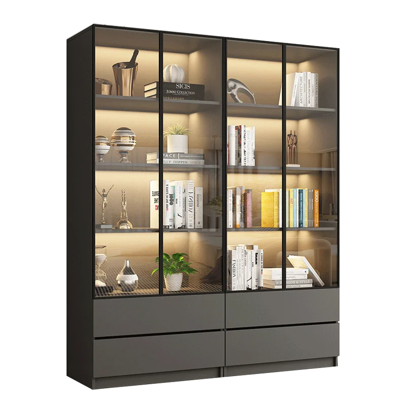 Glass door, light luxury bookcase, living room, floor to wall, dustproof bookcase, bookshelf