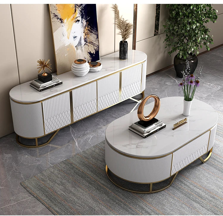 Affordable Luxury Style TV Cabinet and Tea Table Combination Simple Modern Living Room Floor Cabinet Marble
