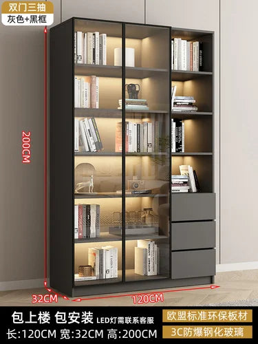Glass door, light luxury bookcase, living room, floor to wall, dustproof bookcase, bookshelf