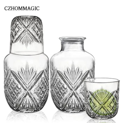 550ml Diamond Bedside Water Carafe and Glass Set for Bedroom Nightstand Vintage Night Water Pitcher with Tumbler Cup for Juice