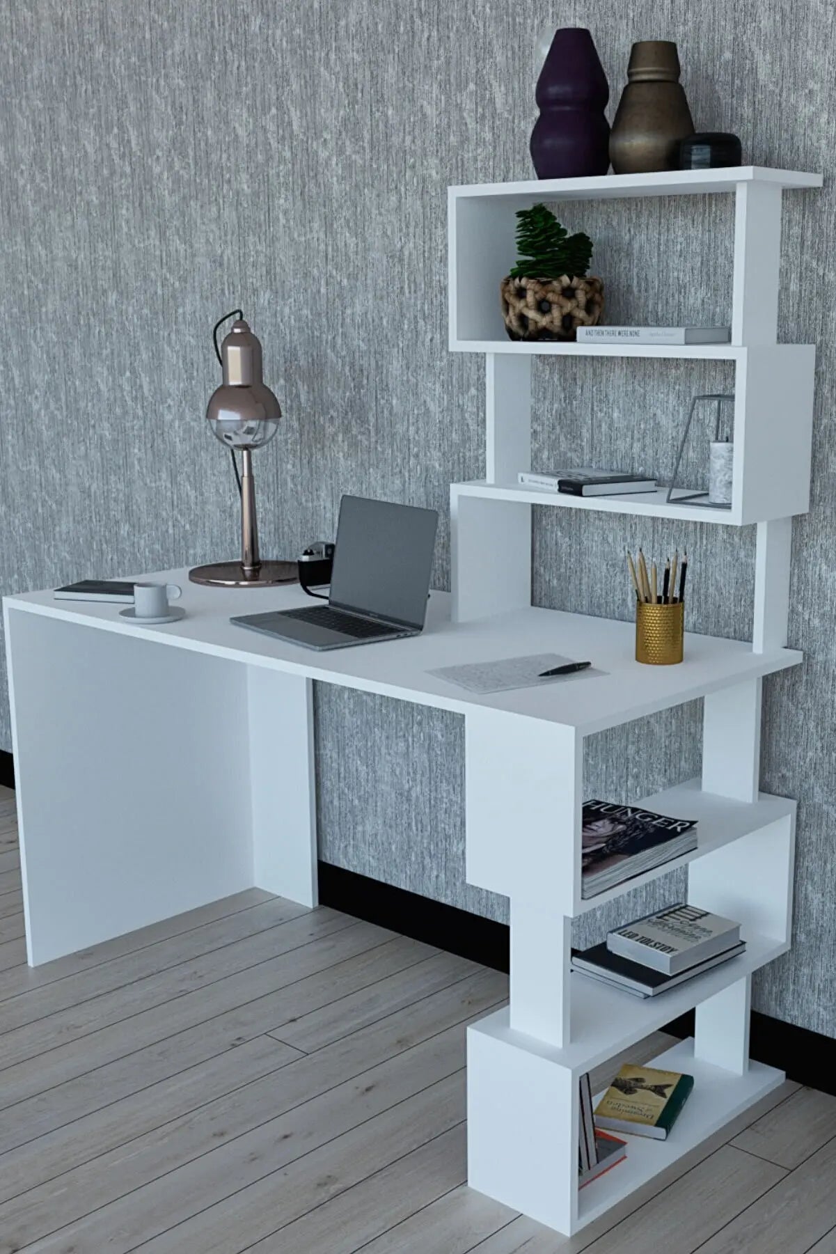 Ocean New Modern Computer Desk With Bookshelf Bookcase Writing Desks For Home Studying Gaming Work Table Office Furnitures